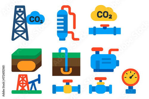 Carbon Capture Icons. Flat vector icons of carbon capture: capture tower, solvent column, CO₂ pipeline, storage site, monitoring