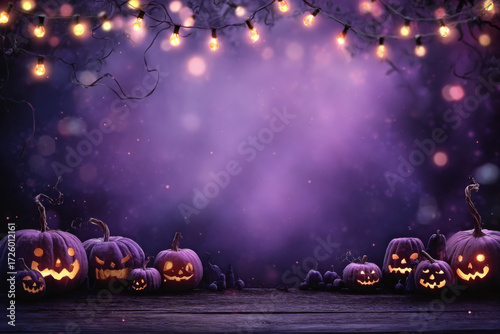Glowing jack-o'-lanterns on a rustic wooden surface with a mystical purple background and twinkling string lights, perfect for Halloween.