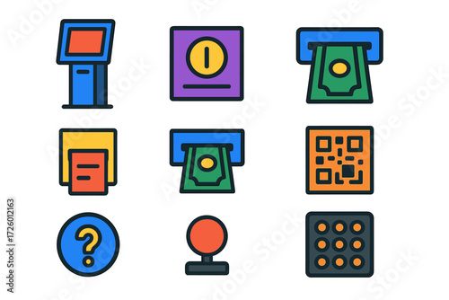 Colorful Payment Kiosk Icons. Flat vector icons of payment kiosks: touchscreen kiosk, coin slot, card slot, receipt dispenser,