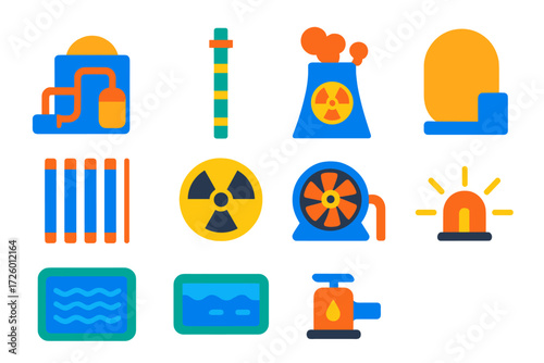 Nuclear Energy Icons. Flat vector icons of nuclear energy: nuclear reactor, fuel rod, cooling tower, containment vessel, control