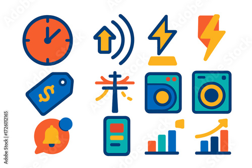 Demand Response Icons. Flat vector icons of demand response: peak hour clock, signal arrow, load shed icon, dynamic pricing tag,