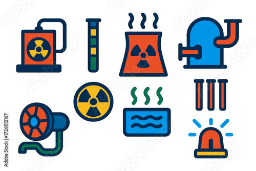 Nuclear Energy Icons. Flat vector icons of nuclear energy: nuclear reactor, fuel rod, cooling tower, containment vessel, control