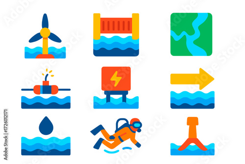 Tidal Energy Icons. Flat vector icons of tidal energy: tidal turbine, barrage gate, estuary map, underwater cable, power converter