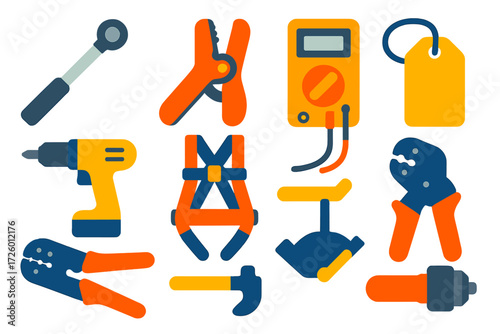 Solar Tools Icons. Flat vector icons of solar installation tools: torque wrench, cable stripper, multimeter, drill driver, safety