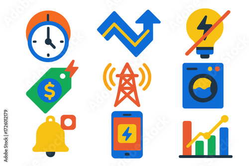 Demand Response Icons. Flat vector icons of demand response: peak hour clock, signal arrow, load shed icon, dynamic pricing tag,