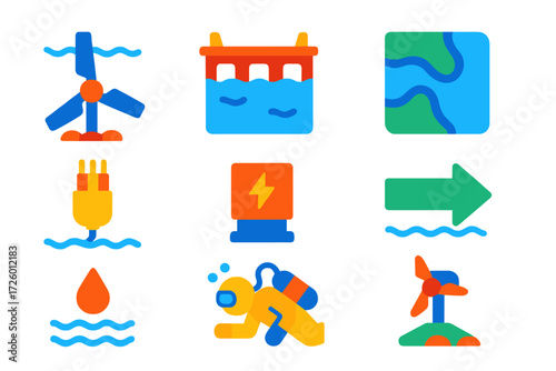 Tidal Energy Icons. Flat vector icons of tidal energy: tidal turbine, barrage gate, estuary map, underwater cable, power converter