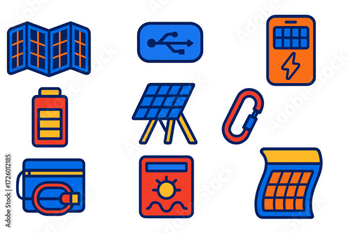 Portable Solar Charger Icons. Flat vector icons of portable solar chargers: foldable panel, USB port, power bank, charge indicator