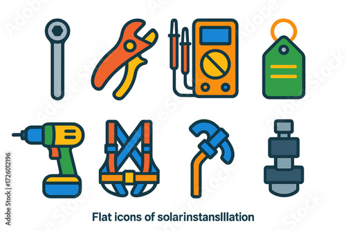 Solar Tools Icons. Flat vector icons of solar installation tools: torque wrench, cable stripper, multimeter, drill driver, safety