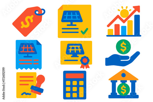 Solar Financing Icons. Flat vector icons of solar financing: dollar tag, loan document, investment graph, invoice, grant