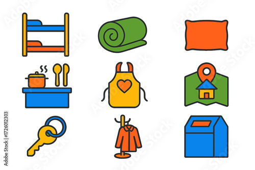 Homeless Shelter Icons. Flat vector icons of homeless shelters: bunk bed, blanket roll, pillow, community kitchen, volunteer apron