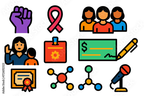 Empowerment Icons Set. Flat vector icons of women’s empowerment: raised fist, ribbon loop, group of women, mentor figure, workshop