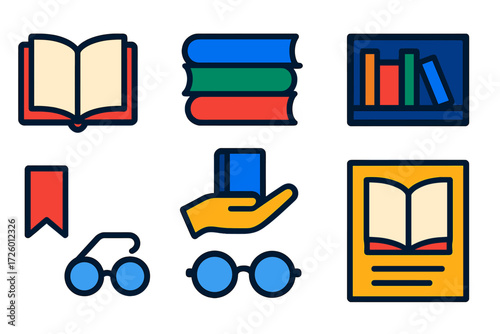 Colorful Book Icons. Flat vector icons of book drives: open book, stack of books, box, library shelf, bookmark, donation hand,
