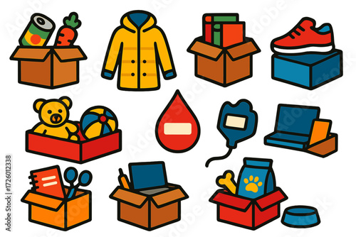 Colorful Donation Icons. Flat vector icons of donation drives: food drive, coat drive, book drive, toy drive, blood drive, shoe