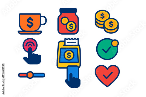 Micro-Donation Icons. Flat vector icons of micro-donations: coffee cup, spare change jar, penny pile, tap-to-donate, round-up at