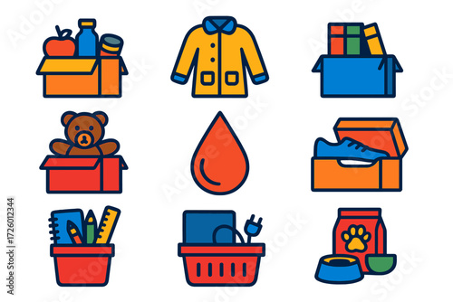 Colorful Donation Icons. Flat vector icons of donation drives: food drive, coat drive, book drive, toy drive, blood drive, shoe
