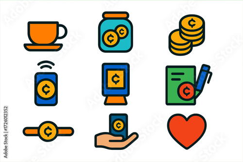 Micro-Donation Icons. Flat vector icons of micro-donations: coffee cup, spare change jar, penny pile, tap-to-donate, round-up at