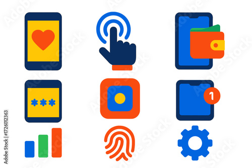 Modern Mobile Icons. Flat vector icons of mobile giving: smartphone with heart, tap icon, mobile wallet, SMS code, app icon,