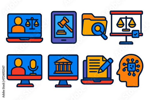 Courtroom Tech Icons. Flat vector icons of courtroom technology: video link, digital transcript, e-discovery folder, evidence