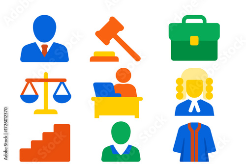 Legal Profession Icons. Flat vector icons of legal professions: lawyer silhouette, judge gavel, paralegal briefcase, scales icon,