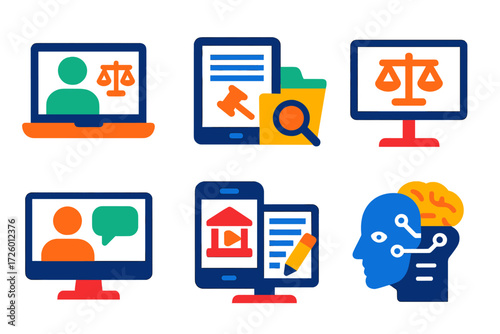 Courtroom Tech Icons. Flat vector icons of courtroom technology: video link, digital transcript, e-discovery folder, evidence