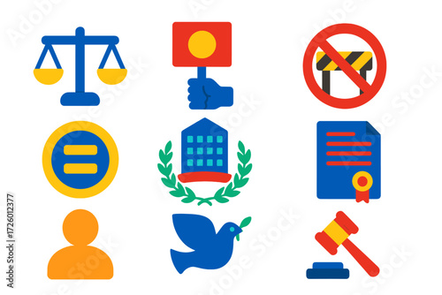Human Rights Icons. Flat vector icons of human rights law: scale of justice, protest sign, barrier crossed, equality symbol, UN