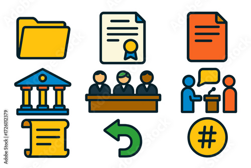 Appellate Court Icons. Flat vector icons of appellate court: appeals folder, writ of certiorari, appellate brief, court of appeals