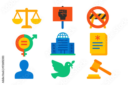 Human Rights Icons. Flat vector icons of human rights law: scale of justice, protest sign, barrier crossed, equality symbol, UN