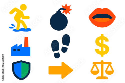 Tort Law Icons. Flat vector icons of tort law categories: negligence slip, strict liability bomb, defamation mouth, nuisance