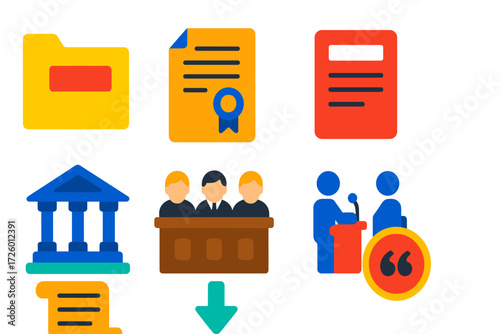 Appellate Court Icons. Flat vector icons of appellate court: appeals folder, writ of certiorari, appellate brief, court of appeals