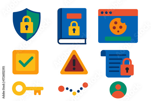 Privacy Icons Set. Flat vector icons of privacy and data protection: lock shield, GDPR book, cookie banner, consent checkbox, data