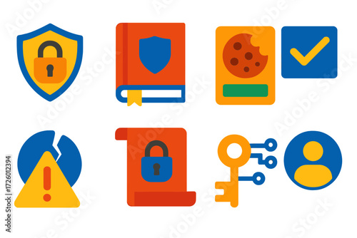 Privacy Icons Set. Flat vector icons of privacy and data protection: lock shield, GDPR book, cookie banner, consent checkbox, data