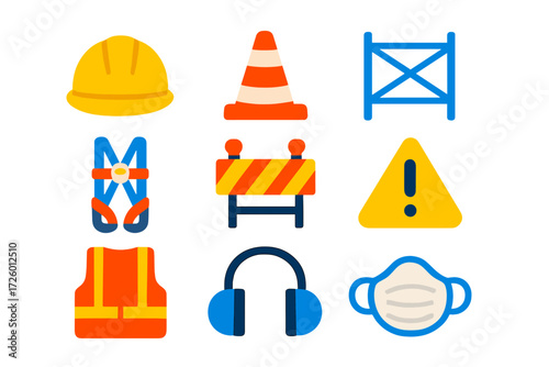 Construction Safety Icons. Flat vector icons of construction site safety: hard hat, caution cone, scaffold, safety harness,