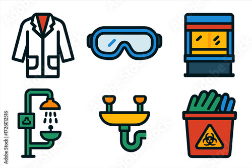 Lab Safety Gear Icons. Flat vector icons of laboratory safety gear: lab coat, safety goggles, face shield, chemical fume hood,