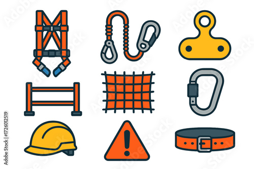Fall Protection Icons. Flat vector icons of fall protection gear: safety harness, lanyard, anchor point, guardrail, safety net,