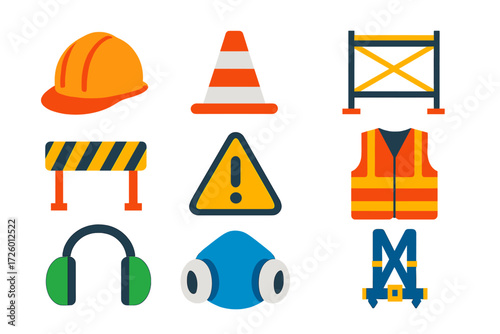 Construction Safety Icons. Flat vector icons of construction site safety: hard hat, caution cone, scaffold, safety harness,