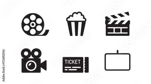 Set of minimalist movie icons simple black glyph vector design elements for film and entertainment isolated on white background