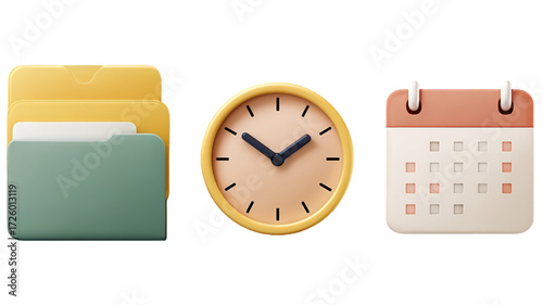 Set of 3D rendered icons folder clock and calendar for project management.