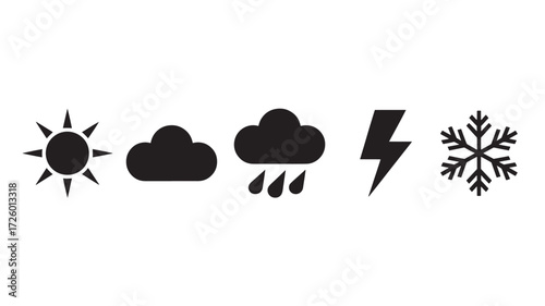 Weather icon set with sun cloud rain lightning and snowflake simple flat vector glyphs for weather forecast isolated on white background