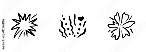 Doodle Firework Burst Vector Set, Hand Drawn Sparkle Explosion, Cartoon Starburst Elements, Comic Flash Light, Festive Celebration Sparkling Line Icons, Abstract Decorative Twinkle Heart and Shining