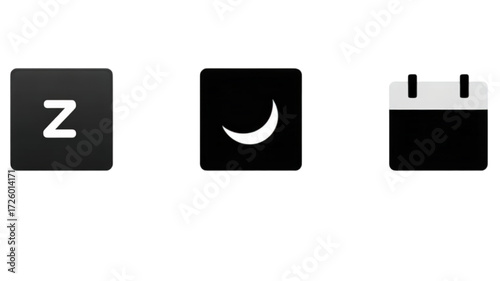 Set of three black and white user interface icons for sleep moon and calendar.