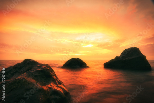 Close up view of the Black Sea at sunset in Georgia with rocks in the water, perfect for travel, tourism, and nature themes.