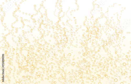 Champagne, orange sparkling water, beer with gold fizzing air bubbles on white background. Effervescent drink, realistic soda, golden fizzy sparkles and texture. Vector yellow background.