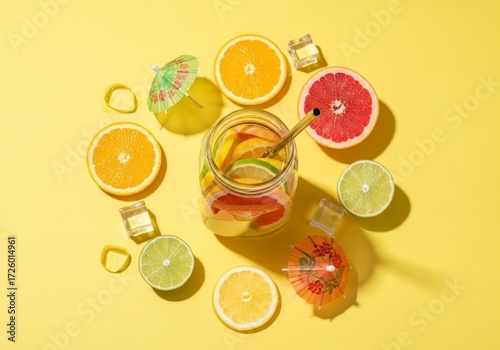 Sun-Drenched Citrus Circle - A Vibrant Flat Lay of Infused Water and Fresh Fruit.