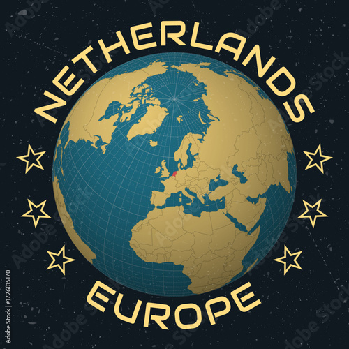 Netherlands on Globe. Country name round text. Vintage look with grunge scratched texture. Country view on world map in Sky Blue Light Yellow color palette. Netherlands shape on map.