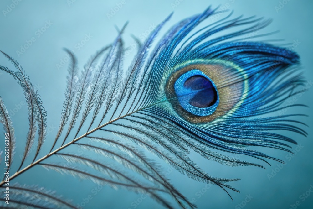Fototapeta premium Elegant peacock feather with blue hues, showcasing its delicate structure and design