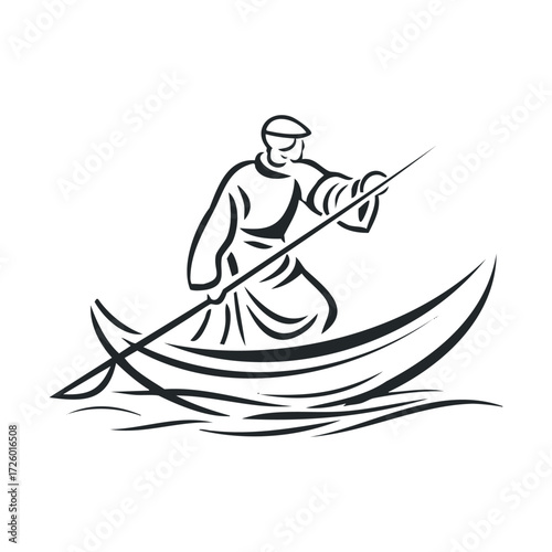 Traditional rowing on a calm river by a skilled oarsman. Vector black icon