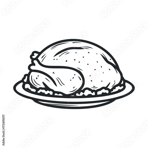 Delicious roast turkey served on a plate with stuffing for dinner. Vector black icon
