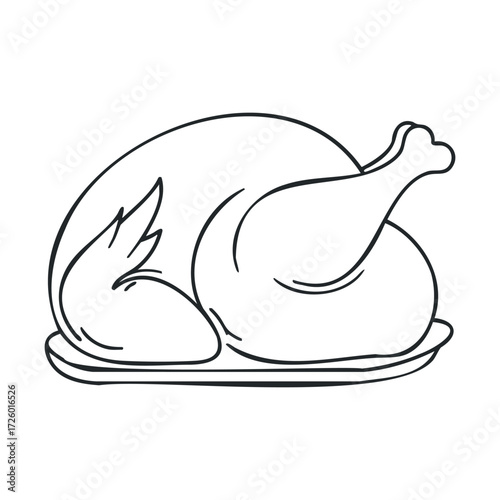 Roast turkey on a platter for festive meal or celebration. Vector black icon
