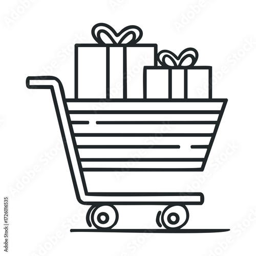 Shopping cart with gifts for special occasions and celebrations. Vector black icon