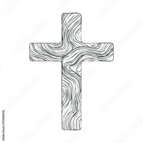 Artistic wooden cross design for spiritual decoration and crafts. Vector black icon
